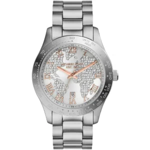 Mk5958 michael kors watch est1981 women crystals globe map white dial metal stainless steel silver strap quartz battery analog three hand layton