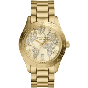 Mk5959 michael kors watch est1981 women crystals globe map golden dial metal stainless steel gold strap quartz battery analog three hand layton