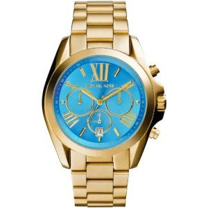 Mk5975 michael kors watch women blue dial metal stainless steel gold strap quartz battery analog chronograph bradshaw
