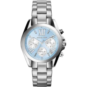 Mk6098 michael kors watch women blue dial metal stainless steel silver strap quartz battery analog chronograph bradshaw