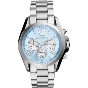 Mk6099 michael kors watch women blue dial metal stainless steel silver strap quartz battery analog chronograph bradshaw