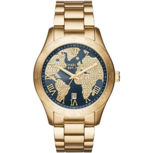 Mk6243 michael kors watch est1981 women crystals globe blue dial metal stainless steel gold strap quartz battery analog three hand layton