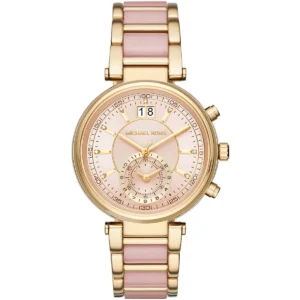 Mk6360 michael kors watch women pink dial multi gold strap quartz battery analog chronograph sawyer