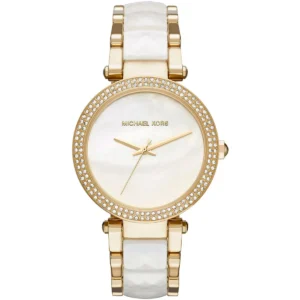 Mk6400 michael kors watch women white dial multi gold strap quartz battery analog three hand parker