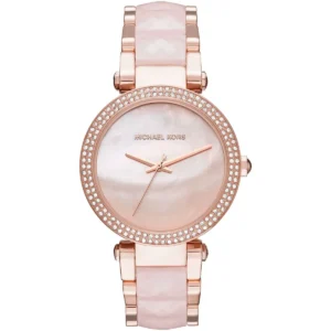 Mk6402 michael kors watch women mother of pearl crystals rose gold dial multi strap quartz battery analog three hand parker