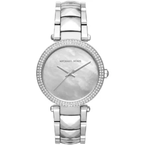 Mk6424 michael kors watch women mother of pearl crystals silver dial metal stainless steel strap quartz battery analog three hand parker