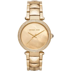 Mk6425 michael kors watch women mother of pearl crystals gold dial metal stainless steel golden strap quartz battery analog three hand parker