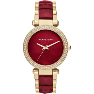 Mk6427 michael kors watch women mother of pearl crystals red dial metal stainless steel gold strap quartz battery analog three hand parker