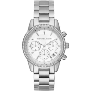 Mk6428 michael kors watch women white dial metal stainless steel silver strap quartz battery analog chronograph ritz