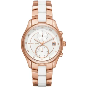 Mk6467 michael kors watch women white dial multi rose gold strap quartz battery analog chronograph briar