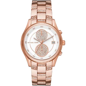 Mk6479 michael kors watch women crystals white dial metal stainless steel rose gold strap quartz battery analog chronograph briar