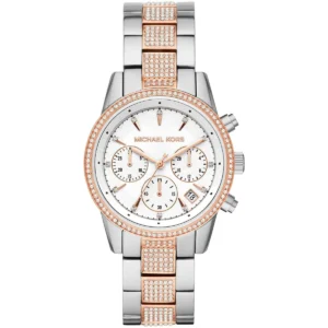 Mk6651 michael kors watch women silver dial metal stainless steel rose gold two tone strap quartz battery analog chronograph ritz