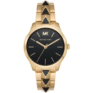 Mk6669 michael kors watch women pyramid black dial metal stainless steel gold strap quartz battery analog three hand runway