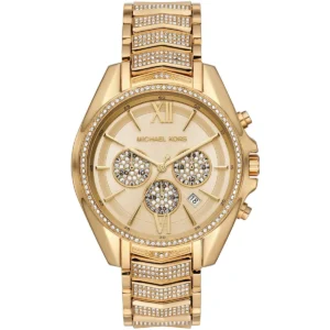 Mk6729 michael kors watch women crystals gold dial metal stainless steel golden strap quartz battery analog chronograph whitney
