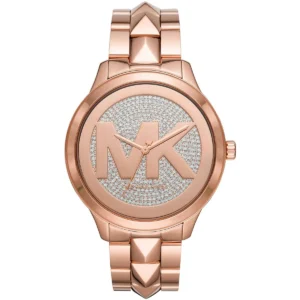 Mk6736 michael kors watch women mk logo crystals rose gold dial metal stainless steel strap quartz battery analog three hand runway mercer