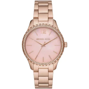 Mk6848 michael kors watch women pink dial metal stainless steel rose gold strap quartz battery analog three hand layton