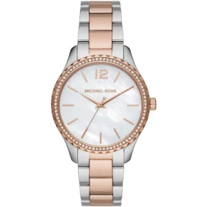 Mk6849 michael kors watch women mother of pearl white dial metal stainless steel silver rose gold two tone strap quartz battery analog three hand layton