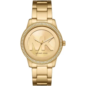 Mk6879 michael kors watch women mk logo crystals gold dial metal stainless steel golden strap quartz battery analog three hand tibby
