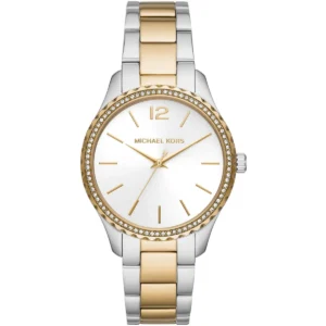 Mk6899 michael kors watch women white dial metal stainless steel silver gold two tone strap quartz battery analog three hand layton
