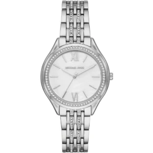 Mk7075 michael kors watch women crystals white dial metal stainless steel silver strap quartz battery analog three hand mindy