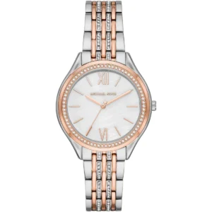 Mk7077 michael kors watch women crystals white dial metal stainless steel silver rose gold two tone strap quartz battery analog three hand mindy