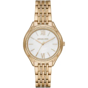 Mk7078 michael kors watch women crystals white dial metal stainless steel gold strap quartz battery analog three hand mindy