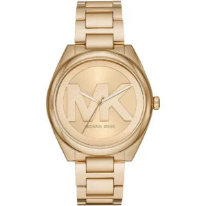 Mk7086 michael kors watch women mk logo gold dial metal stainless steel golden strap quartz battery analog three hand janelle