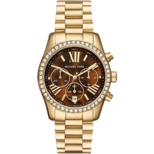 Mk7276 michael kors watch women crystals brown dial metal stainless steel gold strap quartz battery analog chronograph lexington