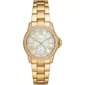 Mk7363 michael kors watch women mother of pearl crystals white dial metal stainless steel gold strap quartz battery analog mini everest