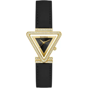 Gw0504l1 guess watch women triangle crystals black dial leather strap quartz battery analog three hand fame
