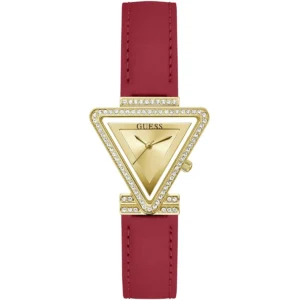 Gw0504l2 guess watch women triangle crystals gold dial leather red strap quartz battery analog three hand fame