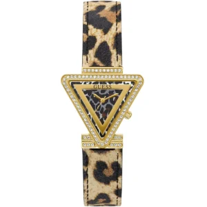 Gw0504l3 guess watch women triangle crystals gold dial leather brown strap quartz battery analog three hand fame