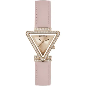 Gw0504l4 guess watch women triangle crystals rose gold dial leather blush strap quartz battery analog three hand fame