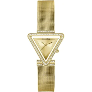 Gw0508l2 guess watch women triangle crystals gold dial metal stainless steel golden strap quartz battery analog three hand fame