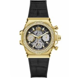 Gw0553l4 guess watch women crystals black dial leather strap quartz battery analog fusion
