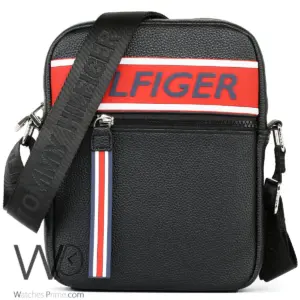 Black leather hilfiger crossbody messenger shoulder bag for men