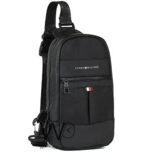 Black leather tommy hilfiger crossbody sling bag for men