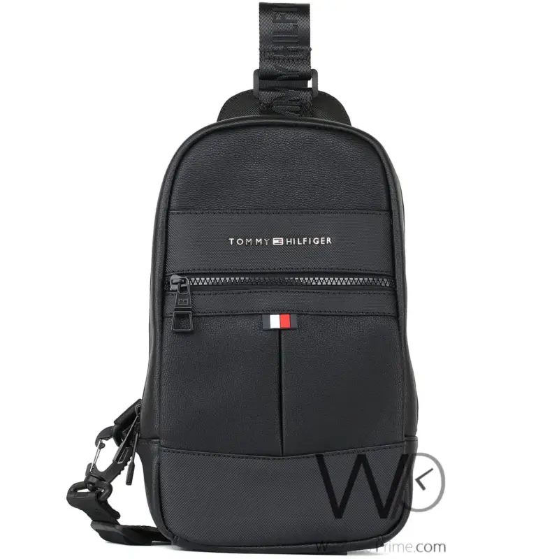 Tommy Hilfiger Black Leather Sling Bag Men | Watches Prime