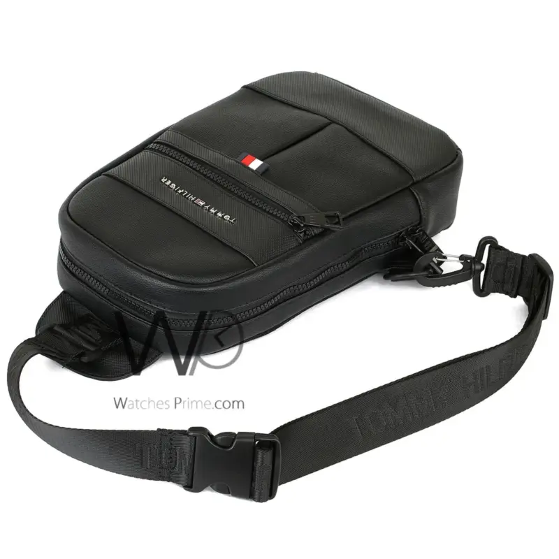 Tommy Hilfiger Black Leather Sling Bag Men | Watches Prime
