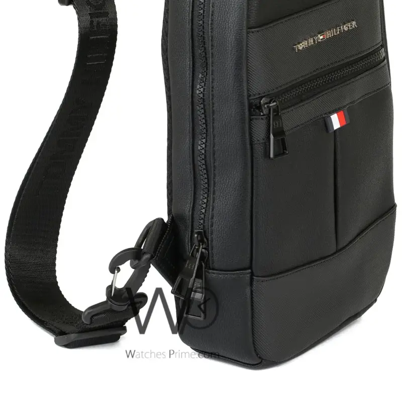 Tommy Hilfiger Black Leather Sling Bag Men | Watches Prime