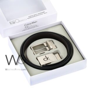 Calvin klein for men black and brown 2 buckles double face belt leather ck gift box