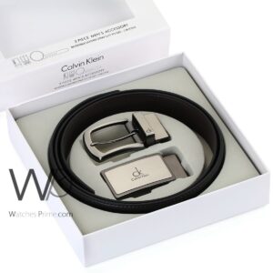 Calvin klein for men black and brown 2 buckles double face belt leather gift box