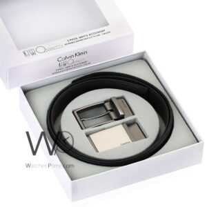 Calvin klein for men black and brown 2 buckles gray double face belt leather ck gift box