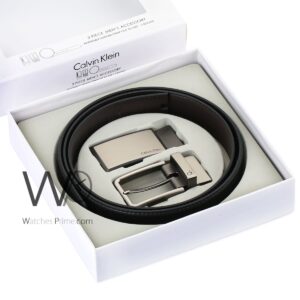 Calvin klein for men black and brown 2 buckles gray double face belt leather gift box