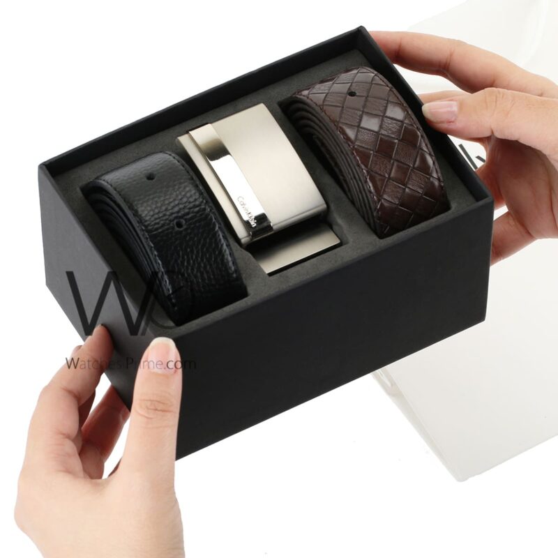 Calvin Klein CK Black Brown Leather Belt Set | Watches Prime