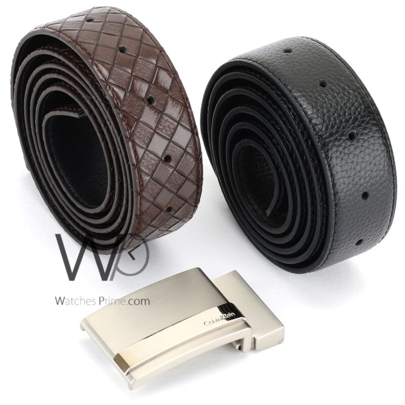 Calvin Klein CK Black Brown Leather Belt Set | Watches Prime