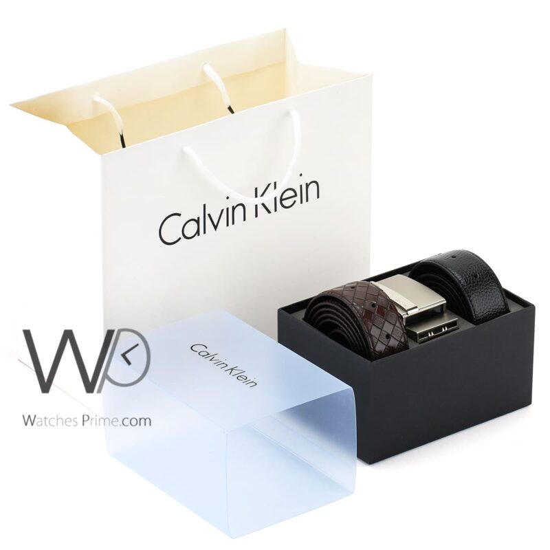 Calvin Klein CK Black Brown Leather Belt Set | Watches Prime