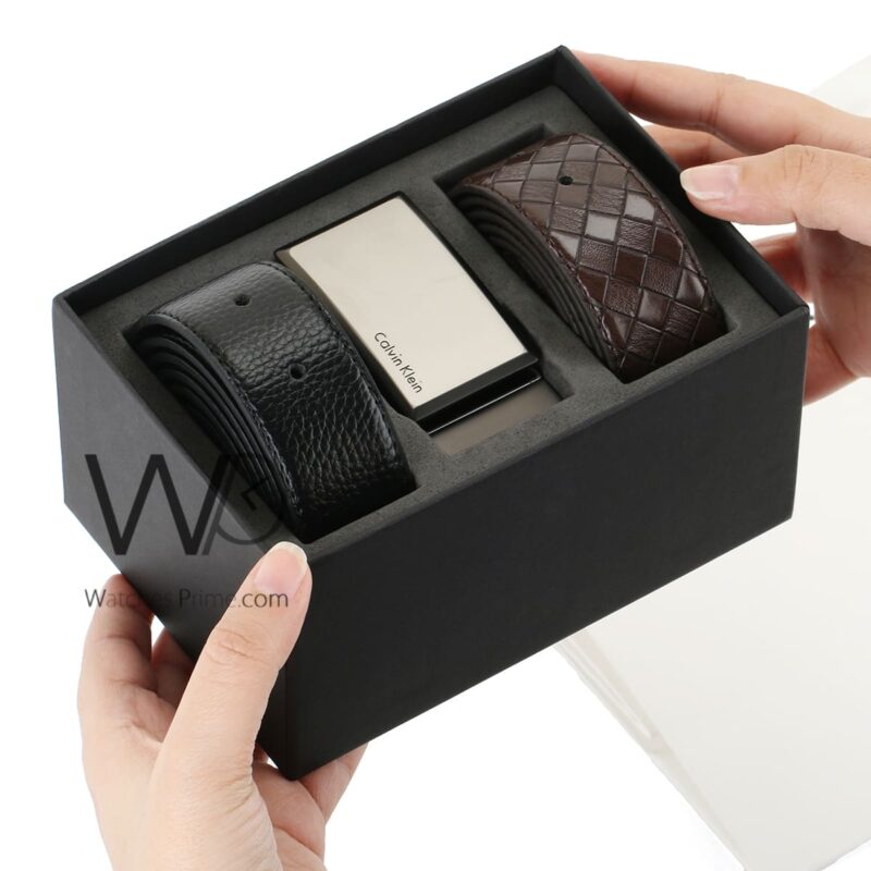 Calvin Klein Black Brown Leather Belts Set | Watches Prime