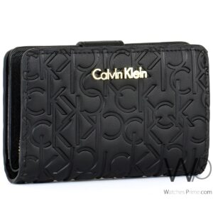 Calvin klein jeans genuine leather for women black wallet ck patterned