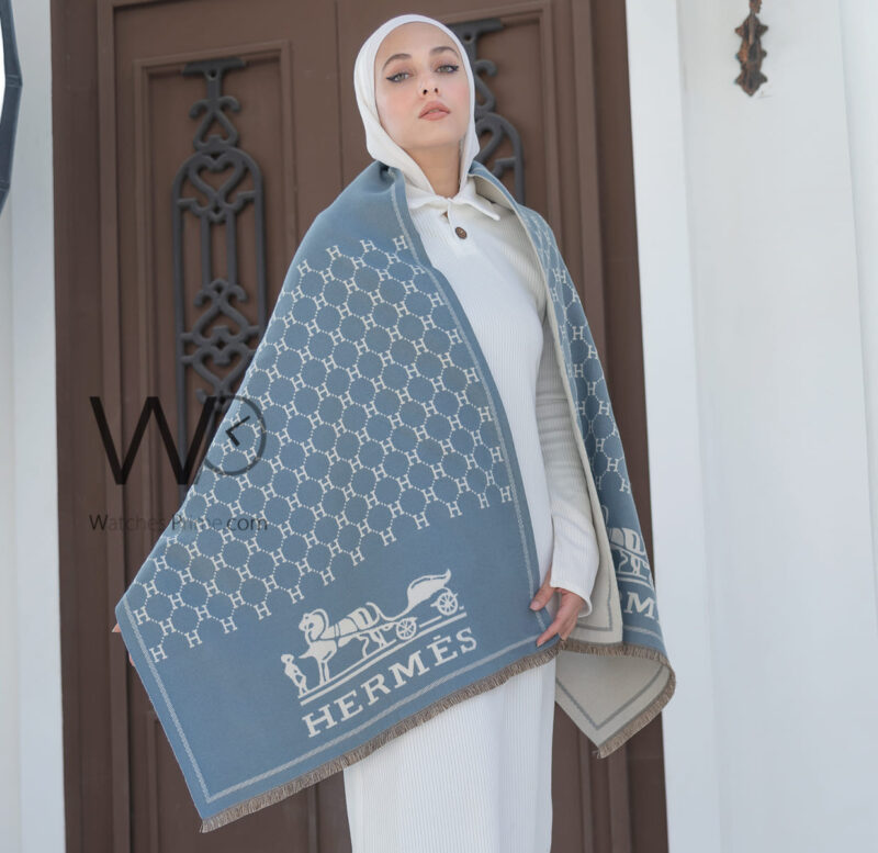 شال سكارف ماركة هيرميس من صوف الكشمير بلون ازرق | واتشز برايم